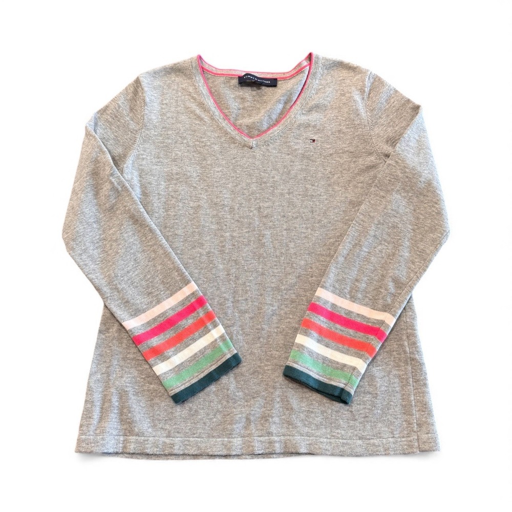 Tommy Hilfiger‎ Gray V-Neck Long Sleeve Striped Cuff Sweater Small S